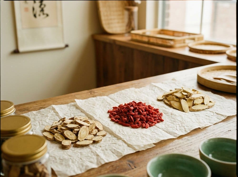 Goji berries, astragalus root, and ginger arranged on a wooden tray