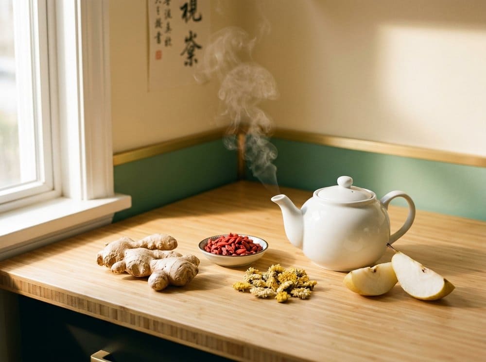 A clay pot of pork-bone broth with ginger, goji berries, and turmeric root on a kitchen counter.