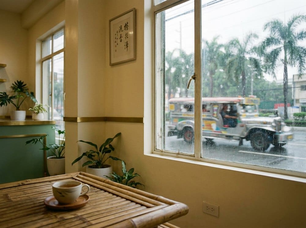 Rain on a glass window in a Manila high-rise with the city softened beyond.