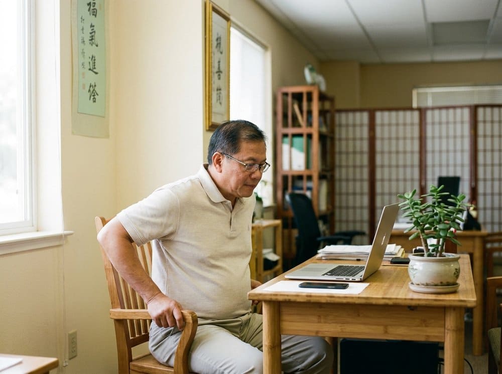 A Makati office desk with a laptop, a small lamp, and a glass of warm water.