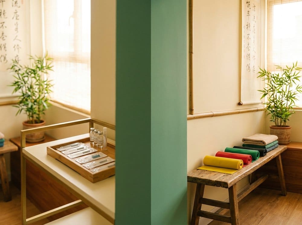 Acupuncture needles on a porcelain tray beside a neatly folded white towel.