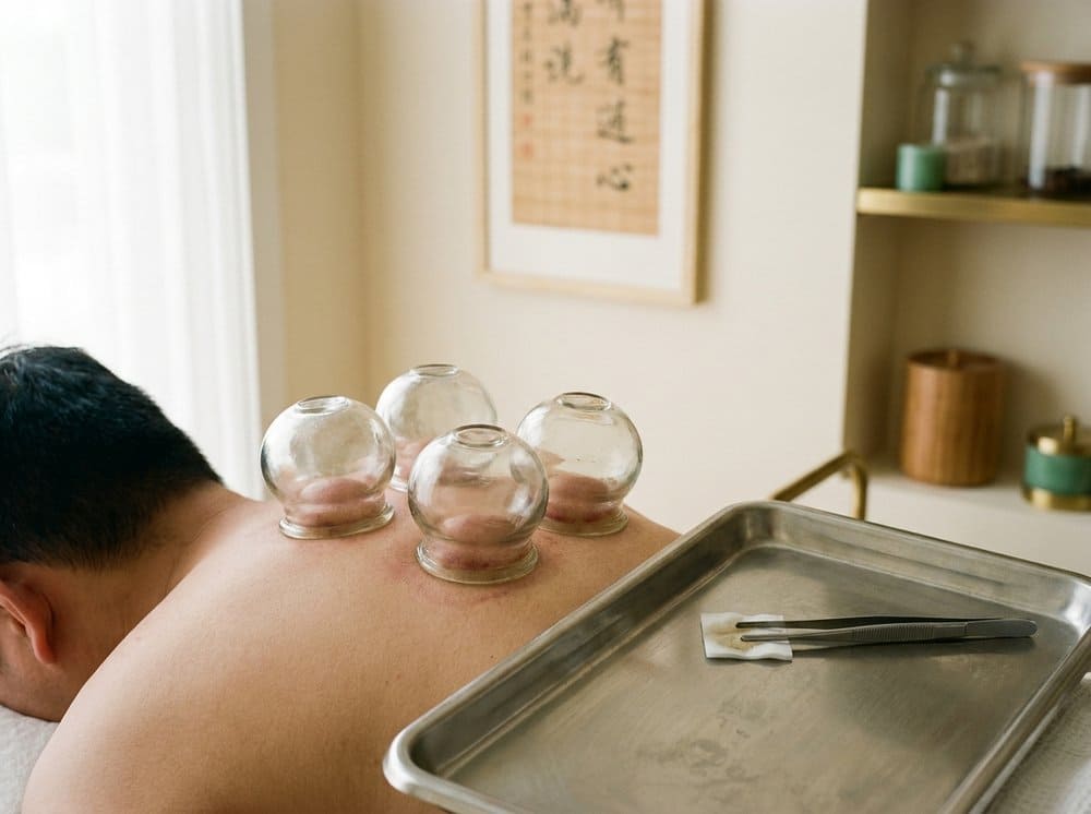 Glass cupping jars on a patient's back
