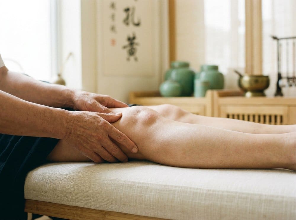 Tuina massage therapist's hands on a patient's shoulder